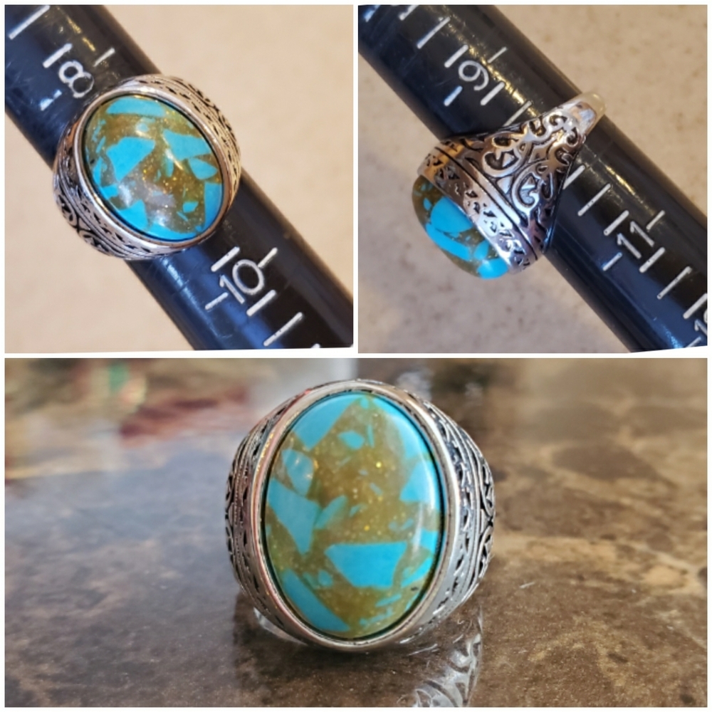 Faux Turquoise Silver Plated Ring Size 9, 10 - Picture 6 of 6